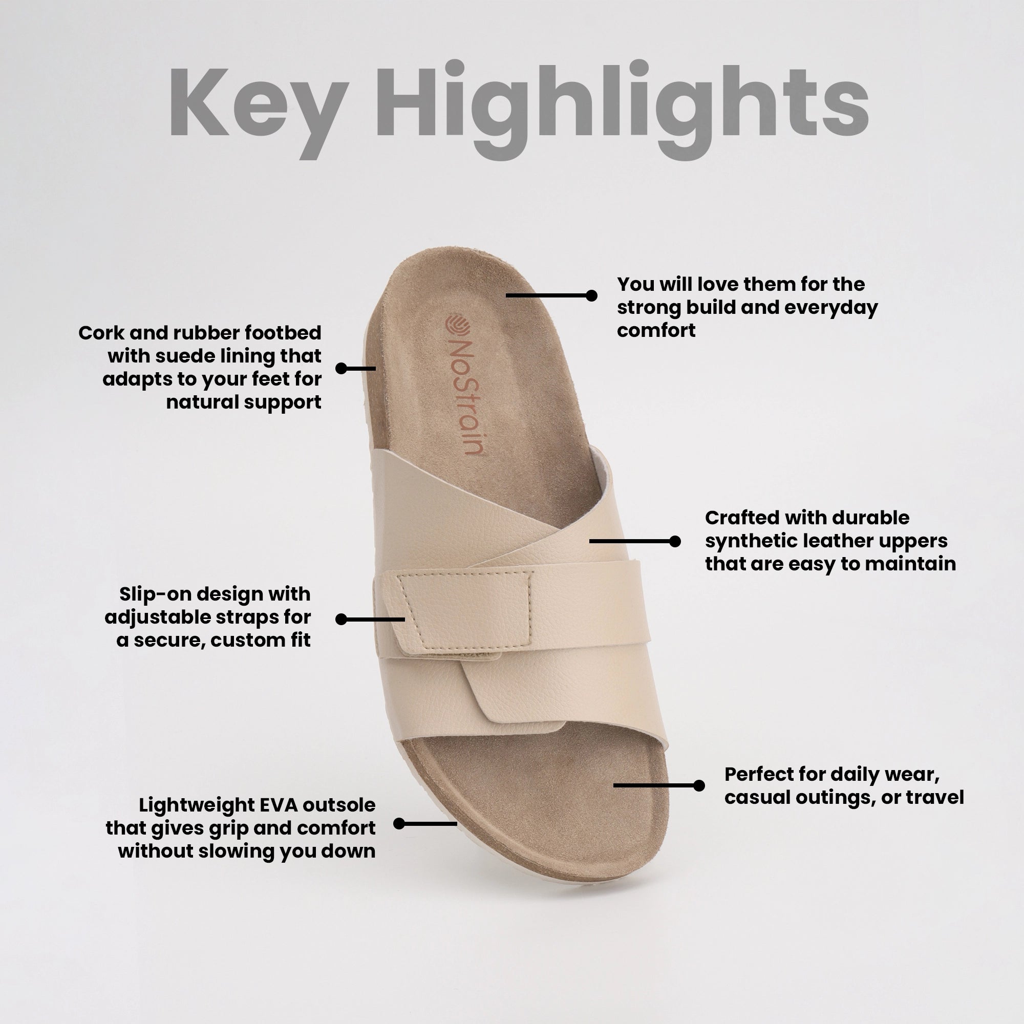 Beige cork sandal with text highlighting features 