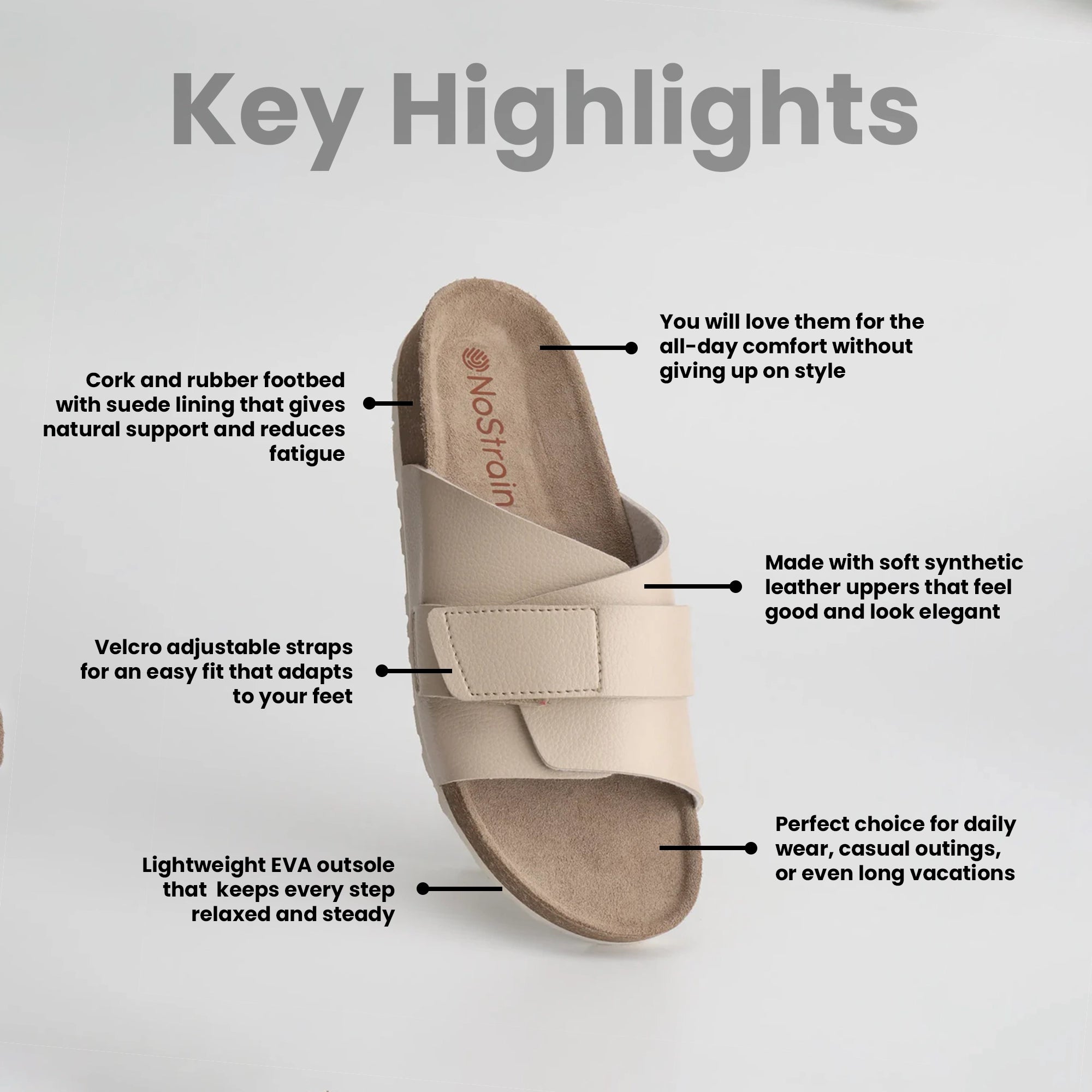 Women Cork Beige sandal with text highlighting features 