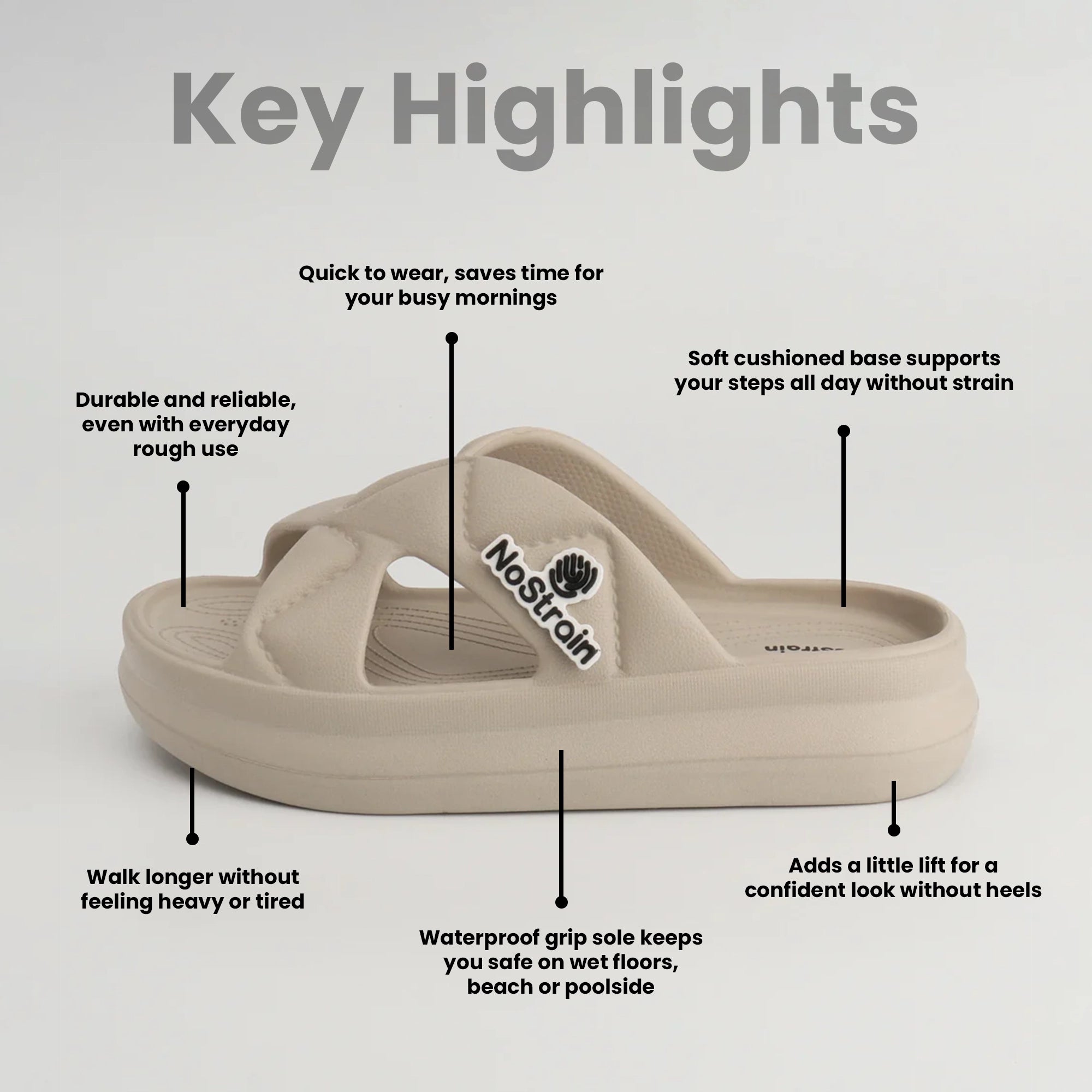 Beige sandal with 'NoStrain' branding and feature 