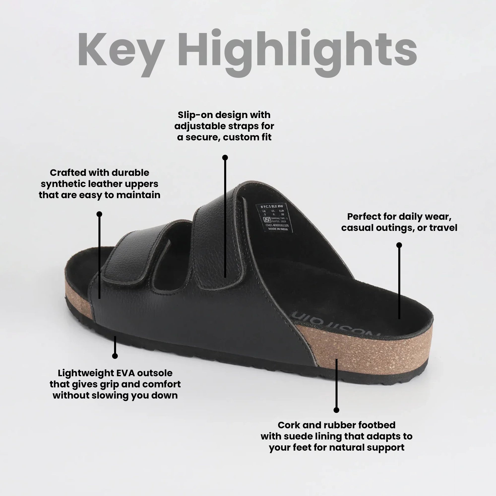 women Black cork sandal with features highlighted 