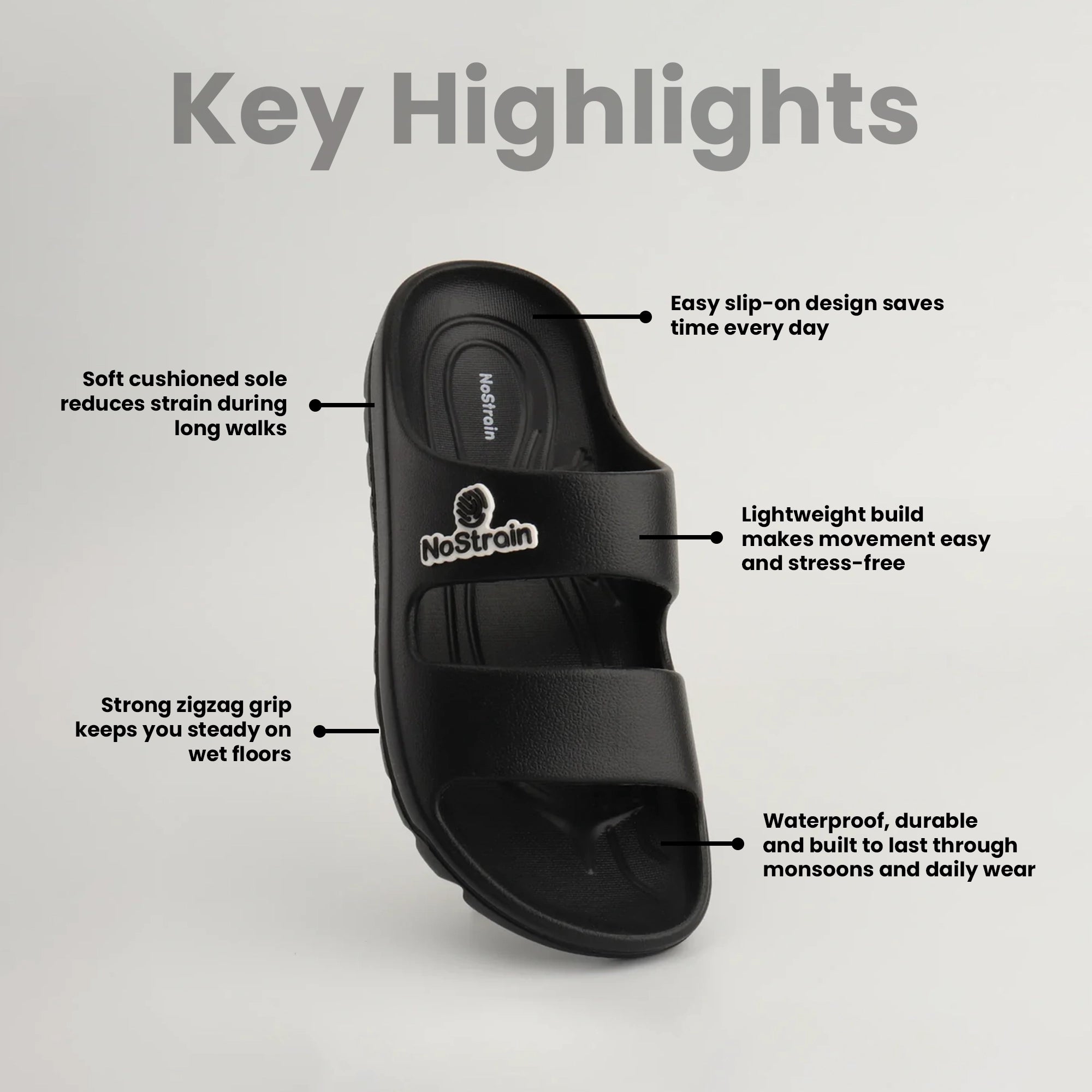 Men waterproof parallel black sandals with features