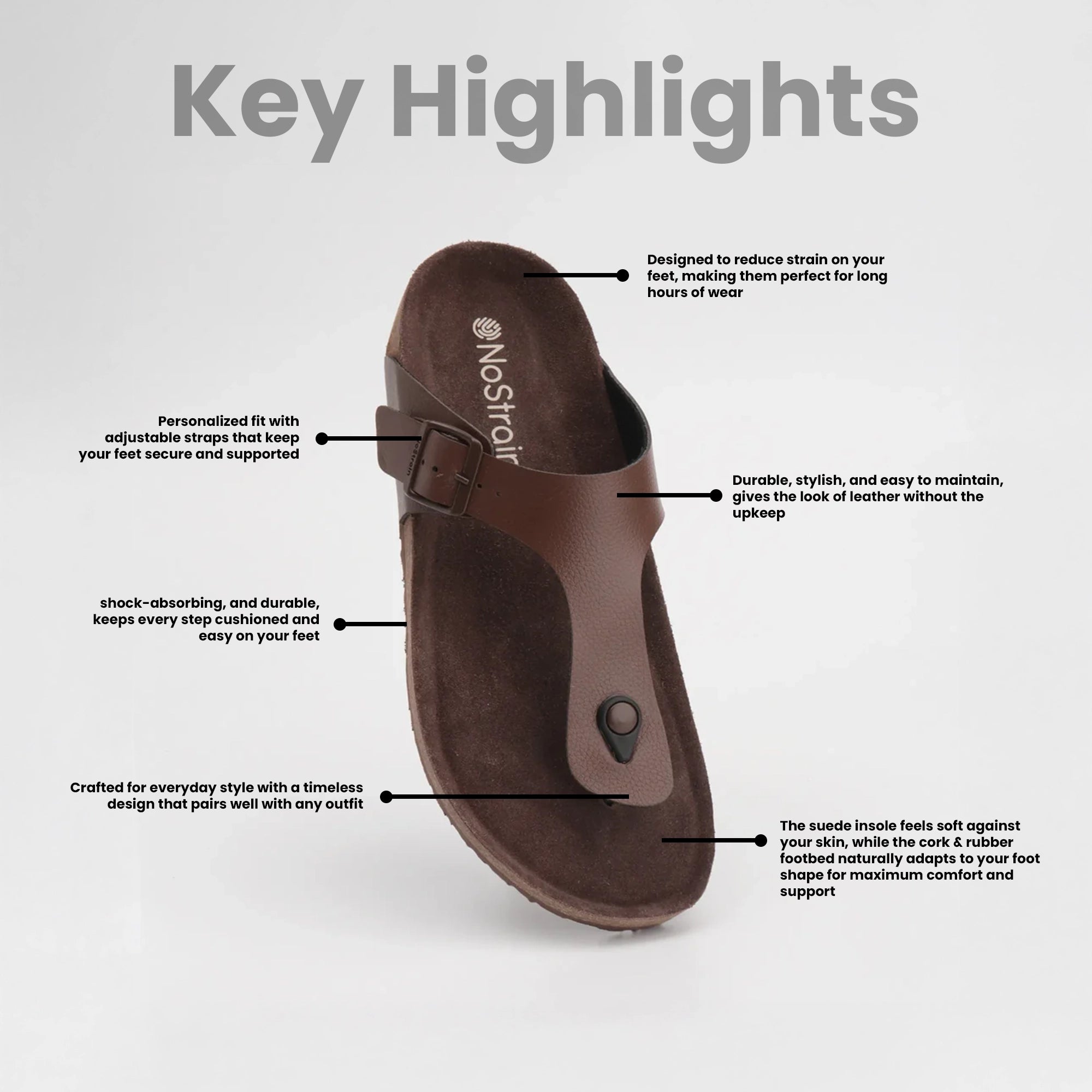 NoStrain thong brown sandal with features