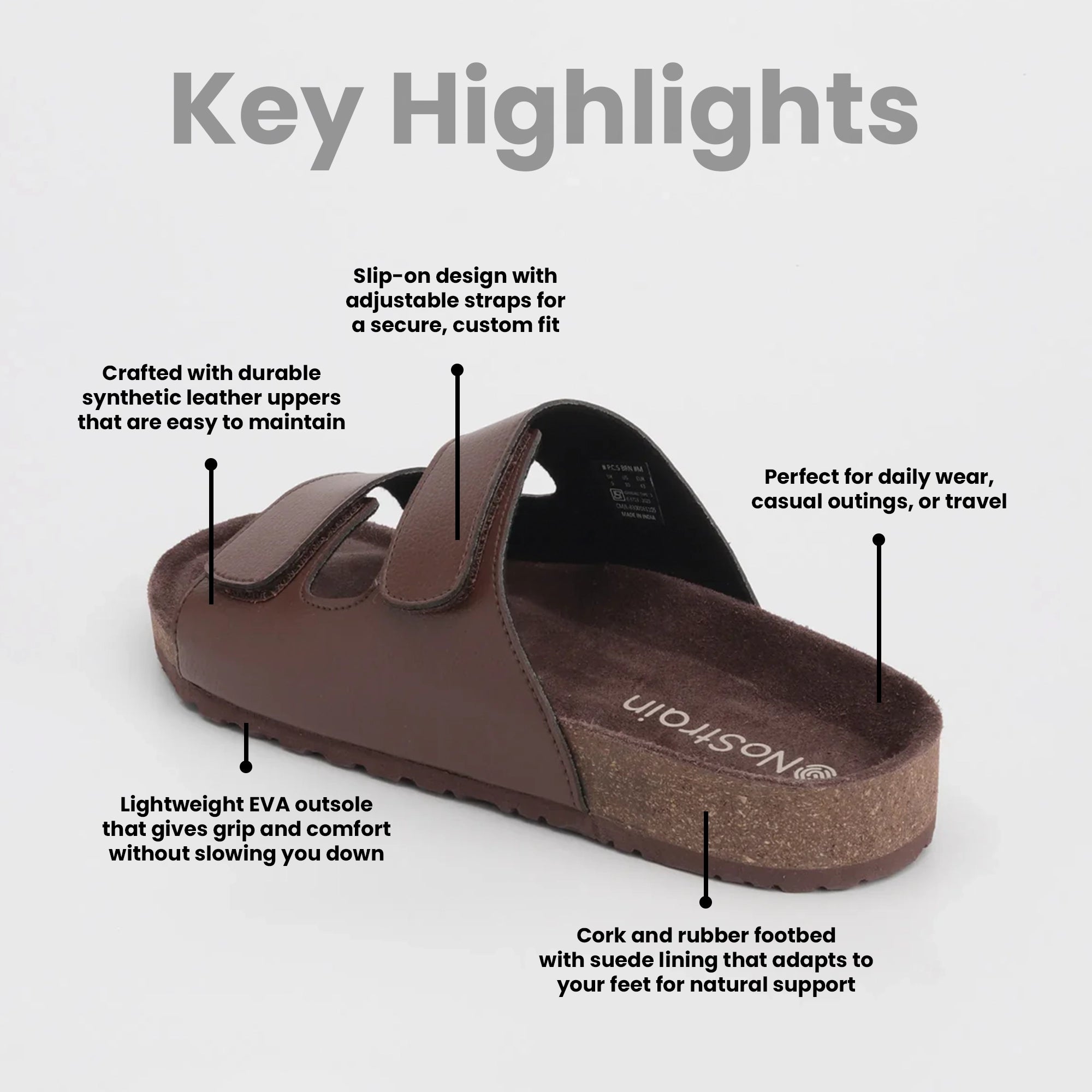 Men Brown cork sandal with features highlighted 