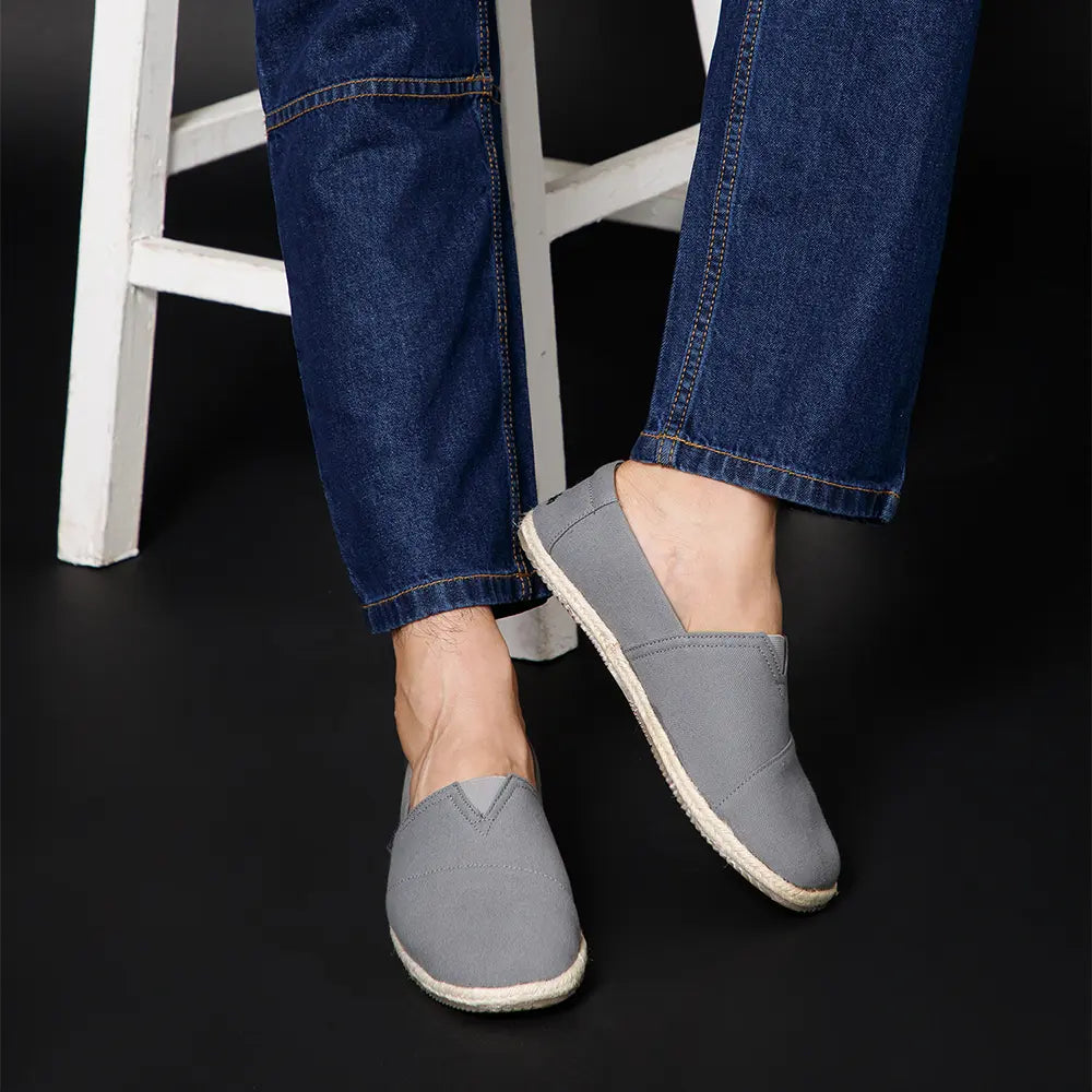 NoStrain grey cotton canvas espadrilles for men featuring a breathable fabric upper for daily comfort.