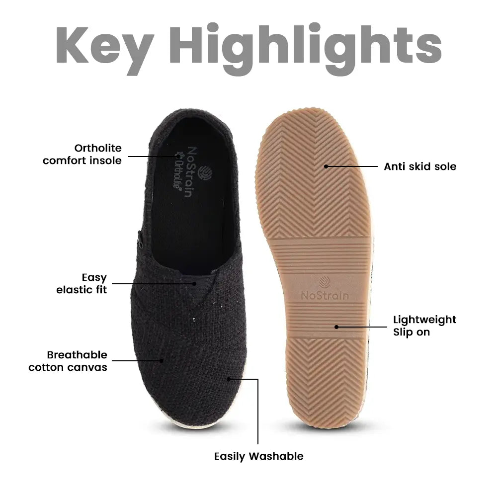 Men's casual black slub fabric slip-ons for summer