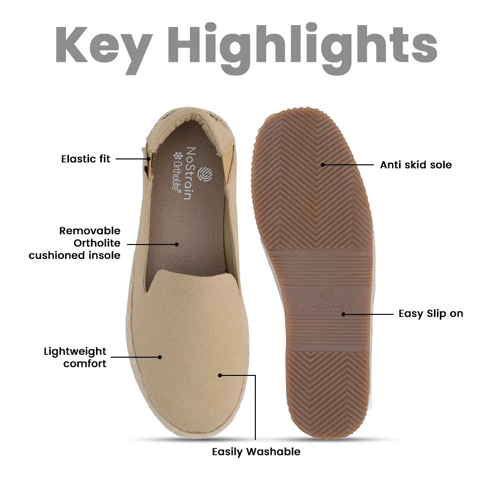 Women's flat espadrilles by NoStrain featuring a lightweight and breathable beige upper.