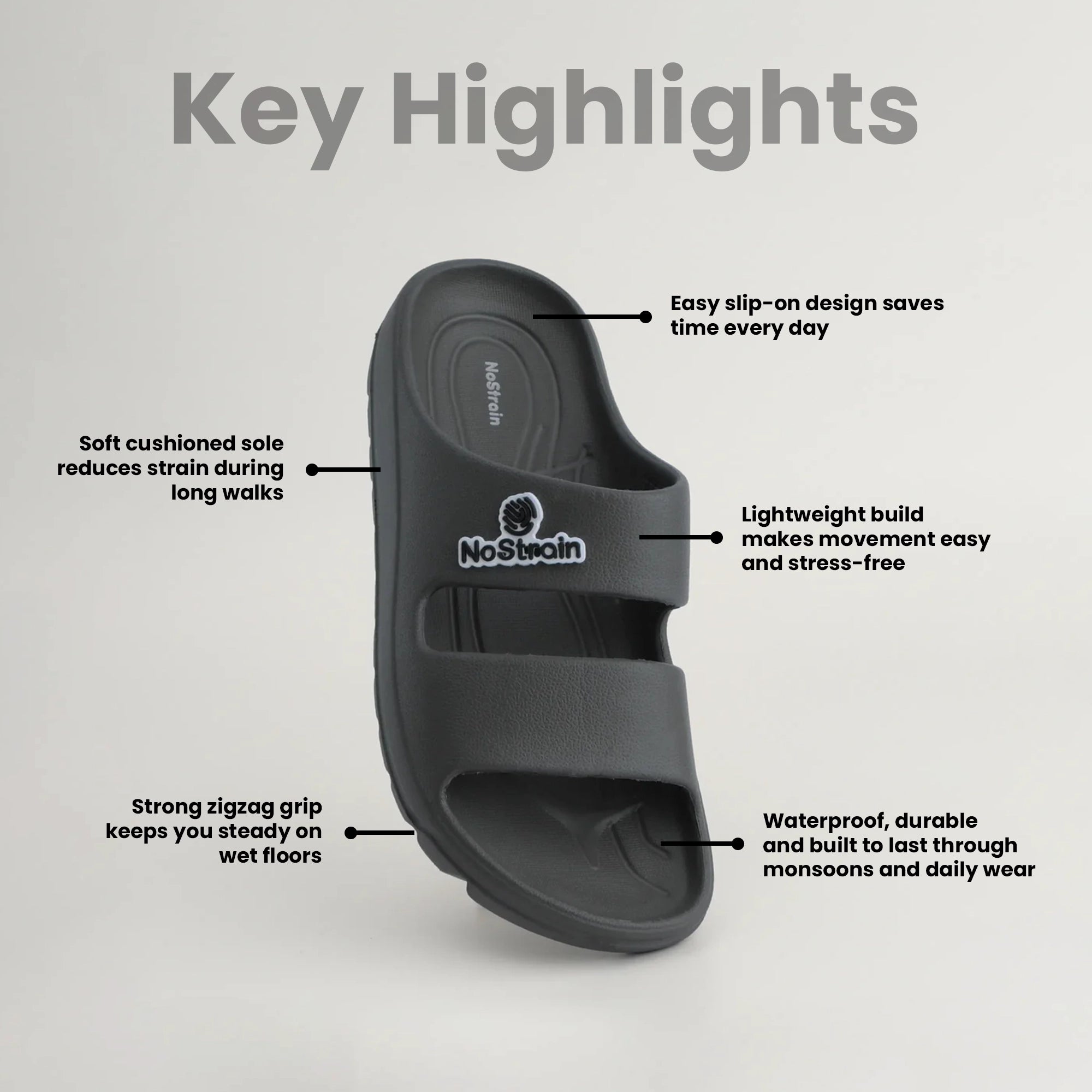 Grey sandal with features highlighted for men 