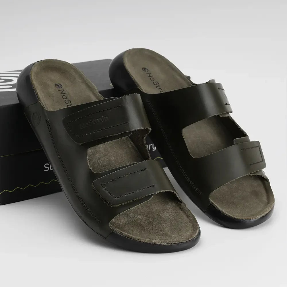 NoStrain men Olive green leather sandals with adjustable strap