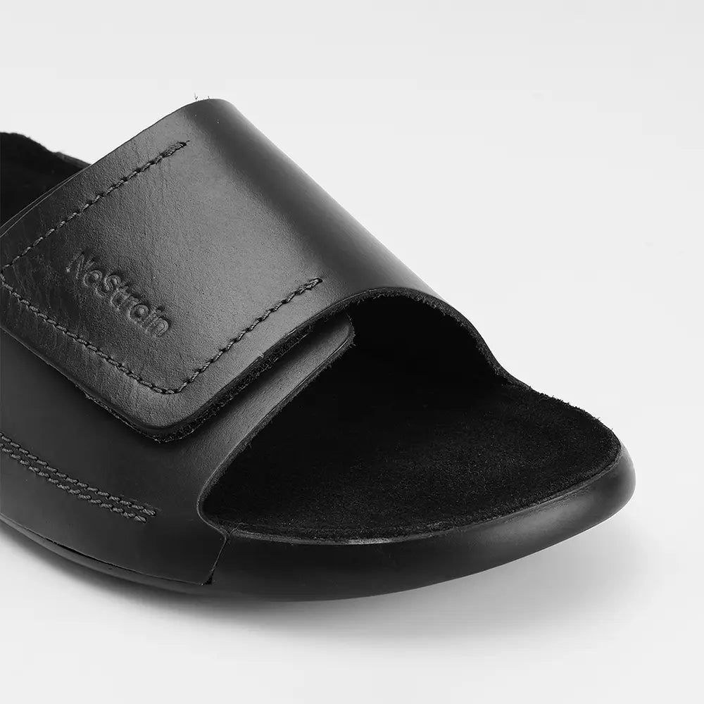 Broad Strap Leather Sliders for men in Jet Black - LS07