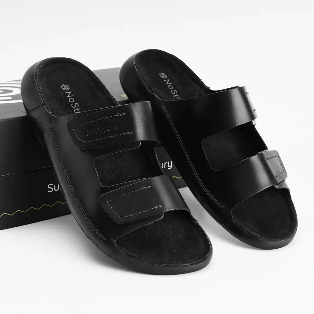 NoStrain black men leather sandals with adjustable strap