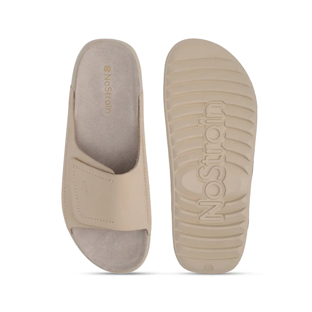 Broad Strap Leather Sliders for men in Beige - LS12