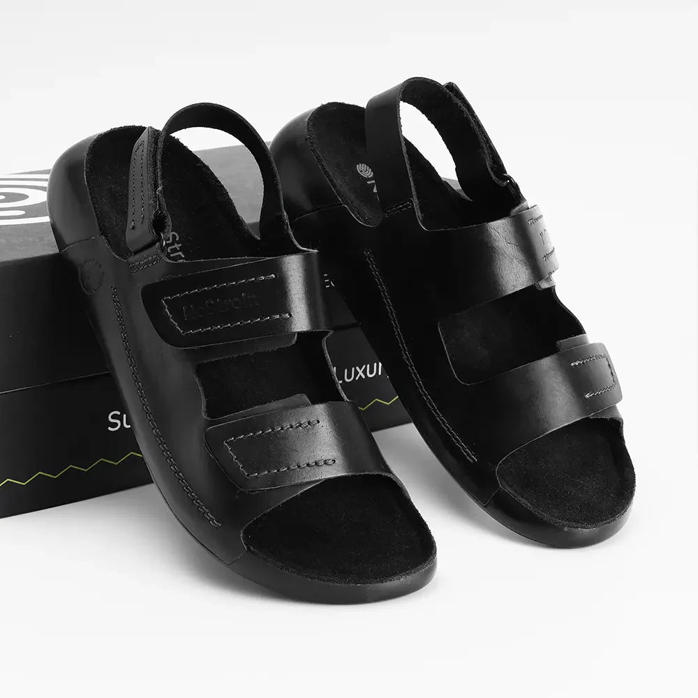 Back Strap Leather Sandals in Jet Black color for Men - LS19