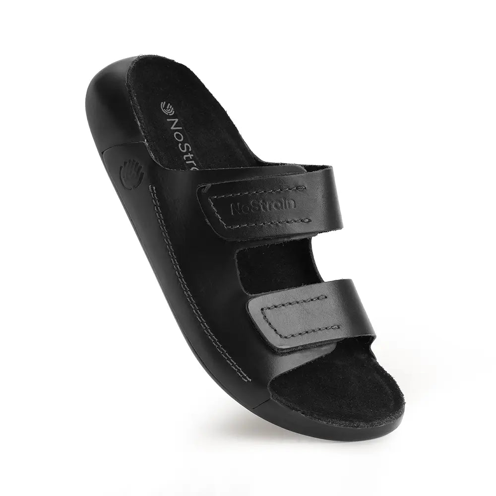 Women's parallel design leather sandals in Jet Black color for modern Effortless Style.