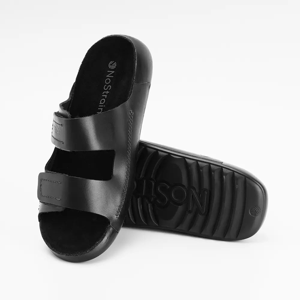 Jet Black leather sandals delivering excellent NoStrain Comfort all day with Effortless Style.