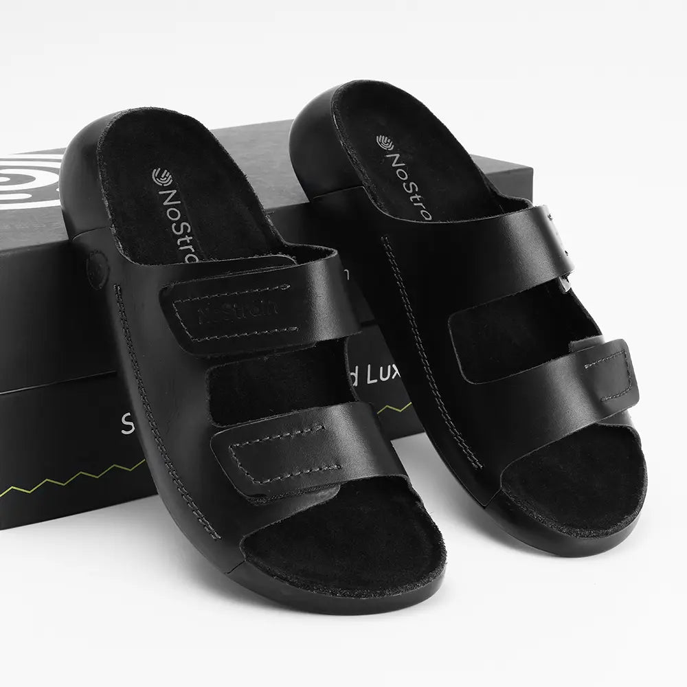 ISI marked premium quality black sandals with a flexible PU outsole and high support.