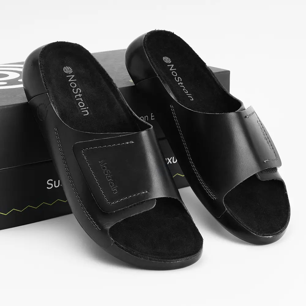 NoStrain Comfort black sliders, specifically designed for women's daily ease and movement.