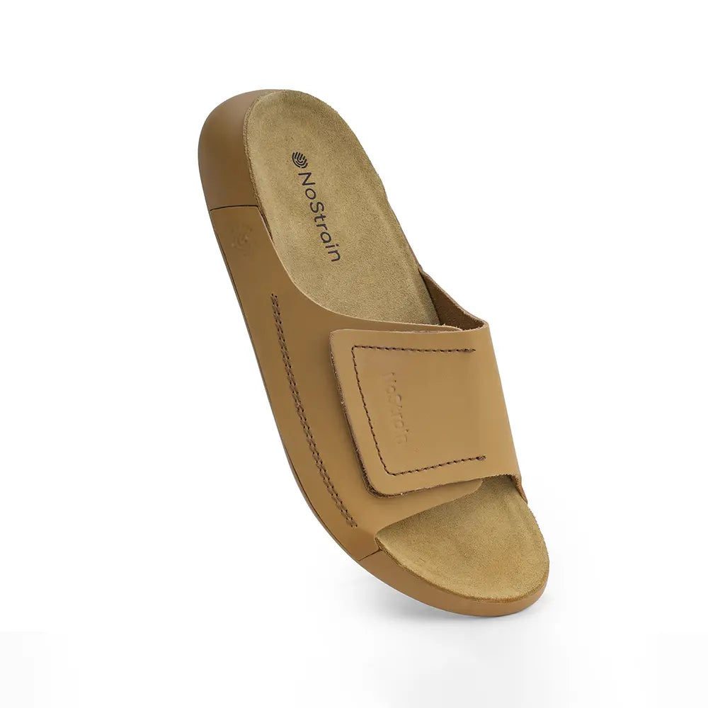 NoStrain women leather footwear camel shade with broad hook loop design and ISI marked build.