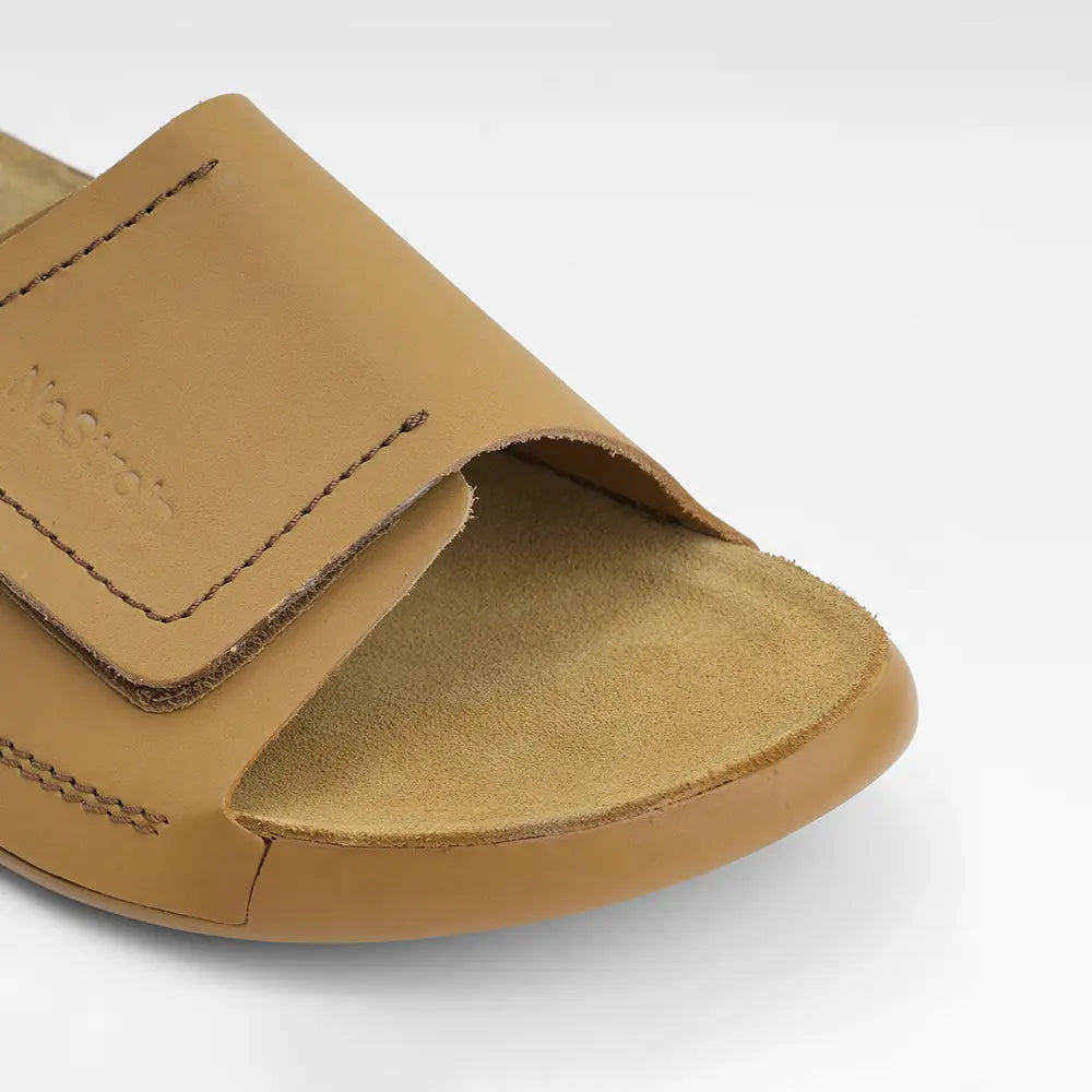 NoStrain women camel leather sliders with broad strap design and ISI marked premium quality.