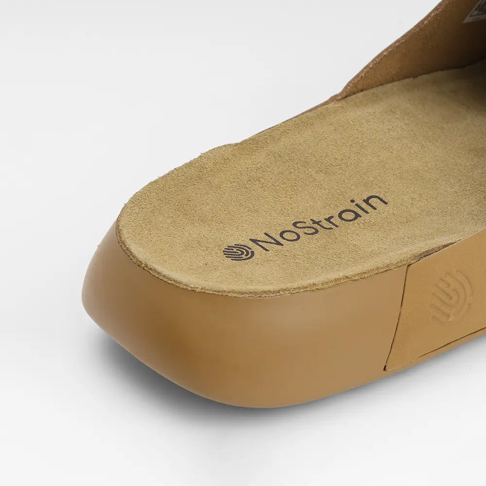 Premium NoStrain camel leather slides for women with adjustable broad straps and durable outsole.