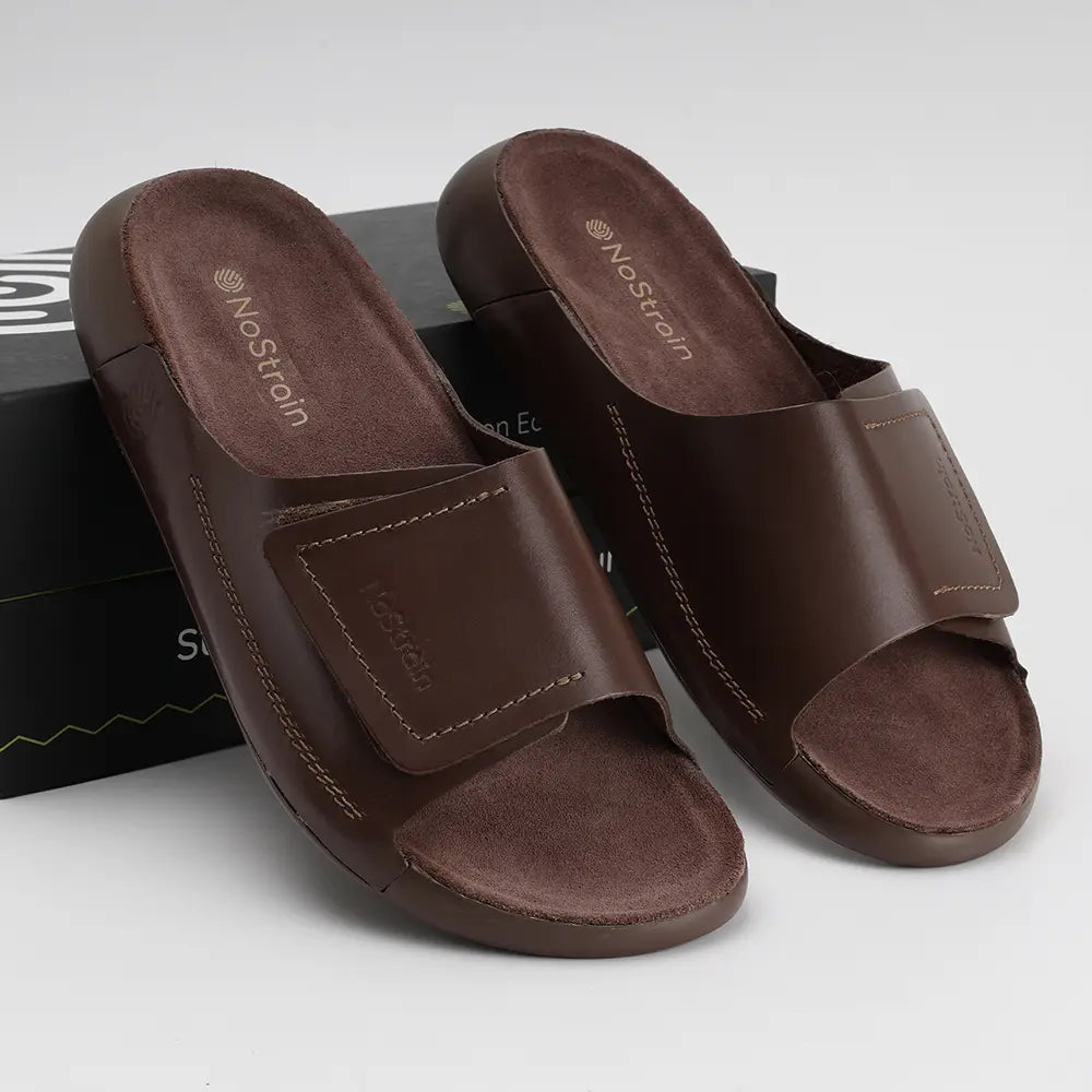 ISI marked brown sliders for women, designed for all-day NoStrain Comfort.