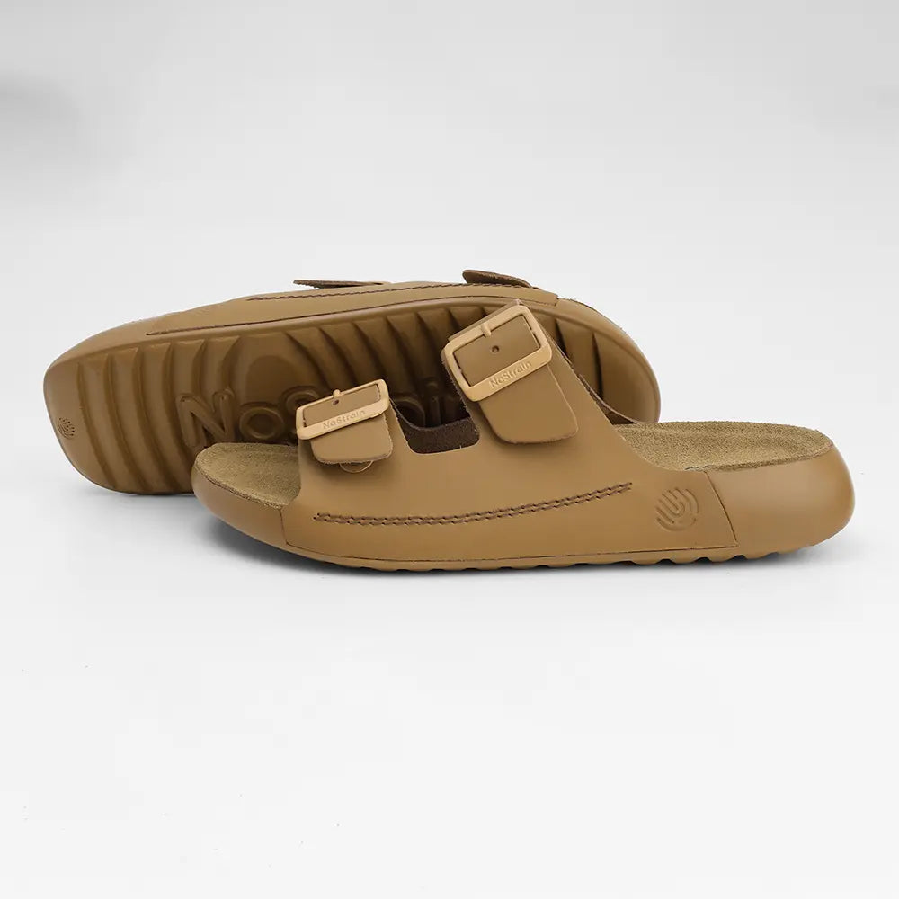 Comfortable camel leather footwear for women with top-grade front buckles from NoStrain.