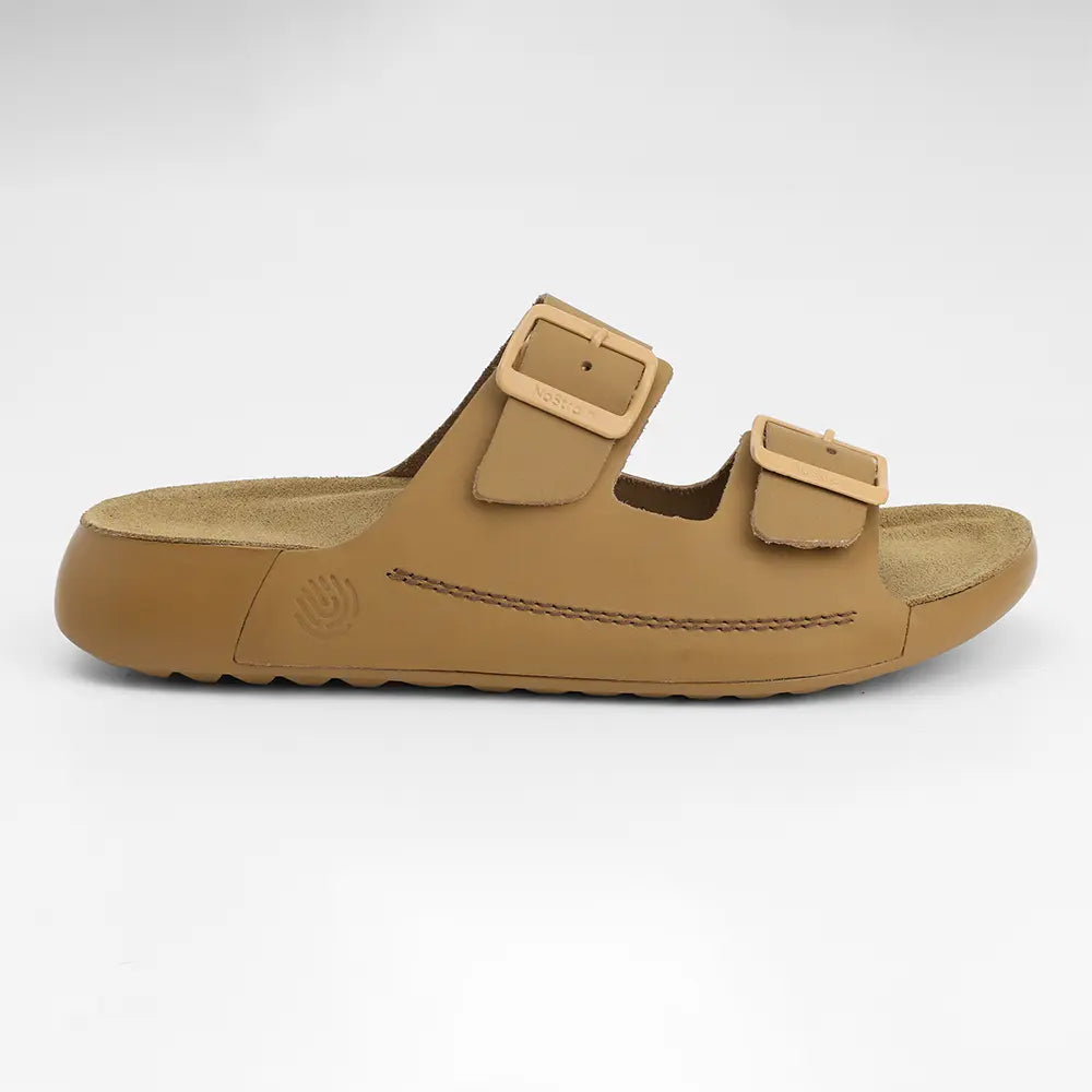 NoStrain camel leather sandals for women with stylish front buckle closures.