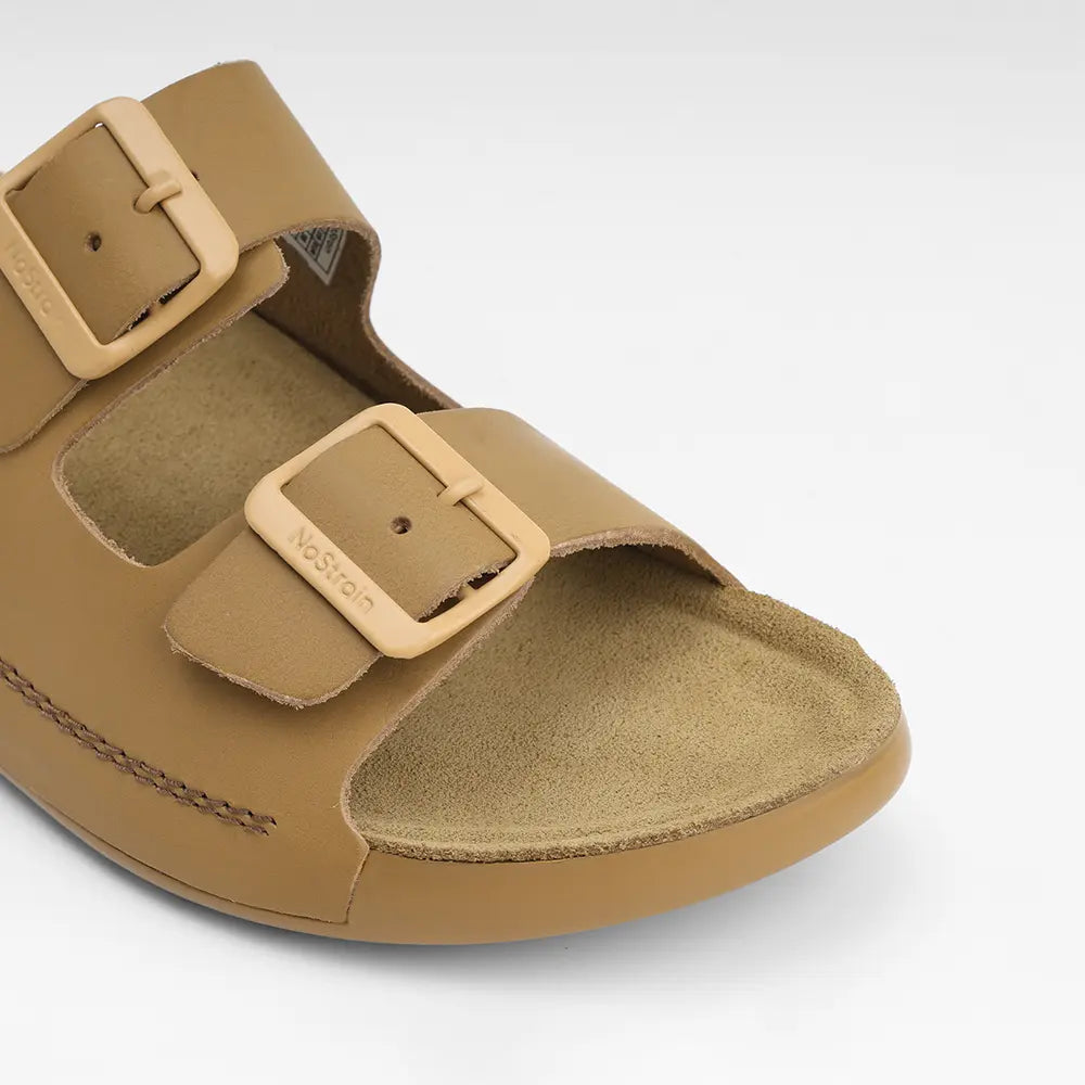 Premium camel-colored leather sandals by NoStrain featuring adjustable buckles and PU soles.