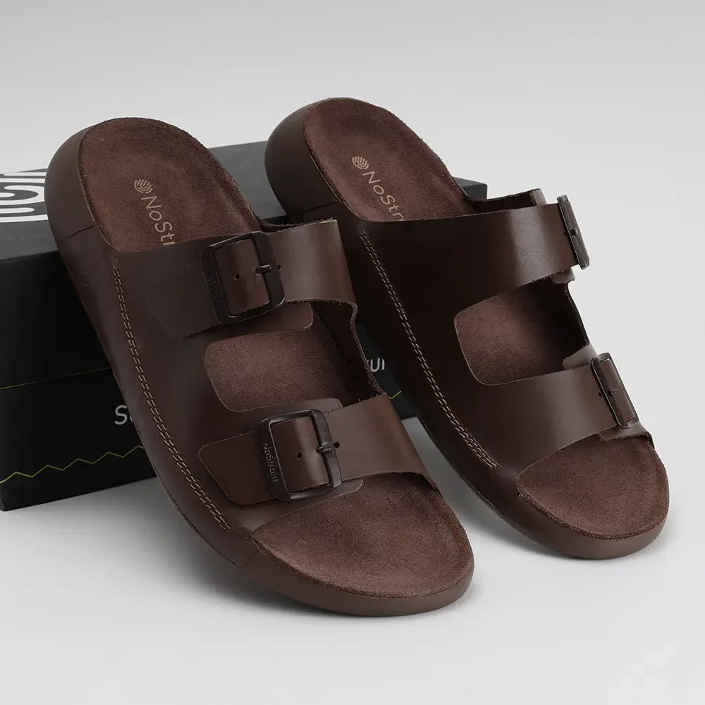 Men's brown leather sandals with dual buckle closure. Premium quality ISI marked footwear.
