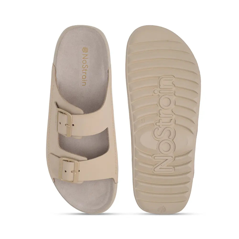 Comfortable beige leather footwear for women with decorative front buckles from NoStrain.