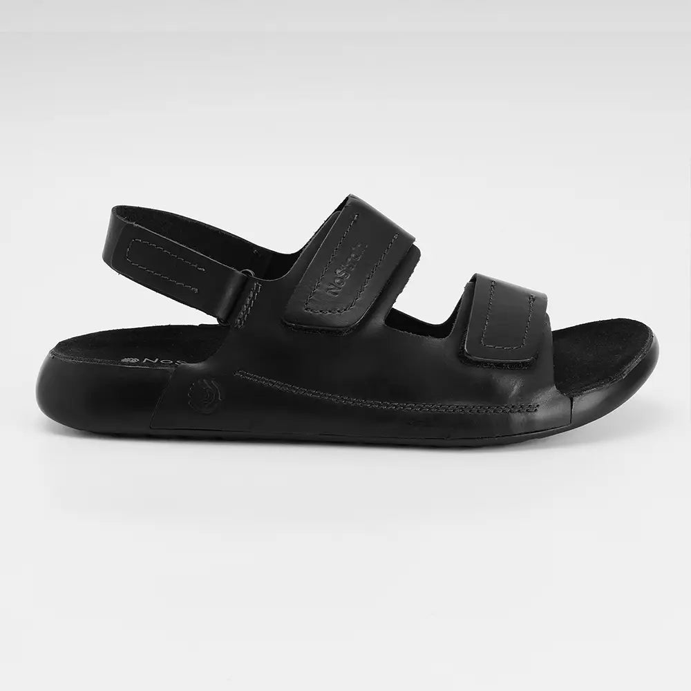 Secure hook & loop closure on both front and back straps of the black leather sandal