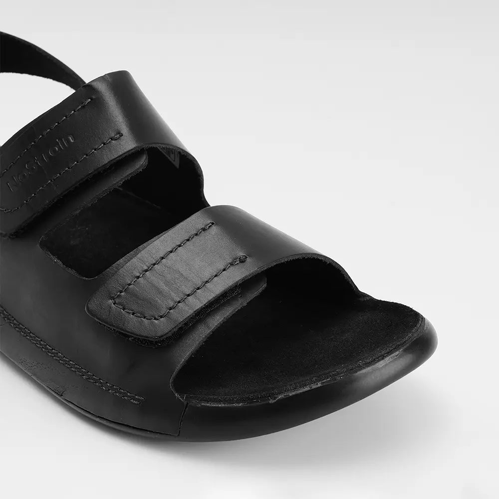 View of the leather back strap sandal in black, highlighting Quality Craftsmanship.