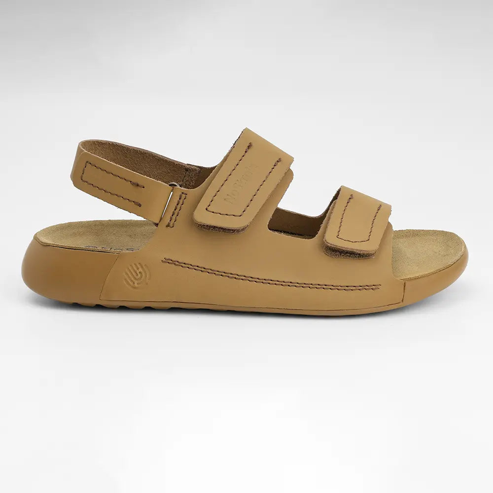 NoStrain women's camel leather sandals with dual adjustable hook and loop straps.
