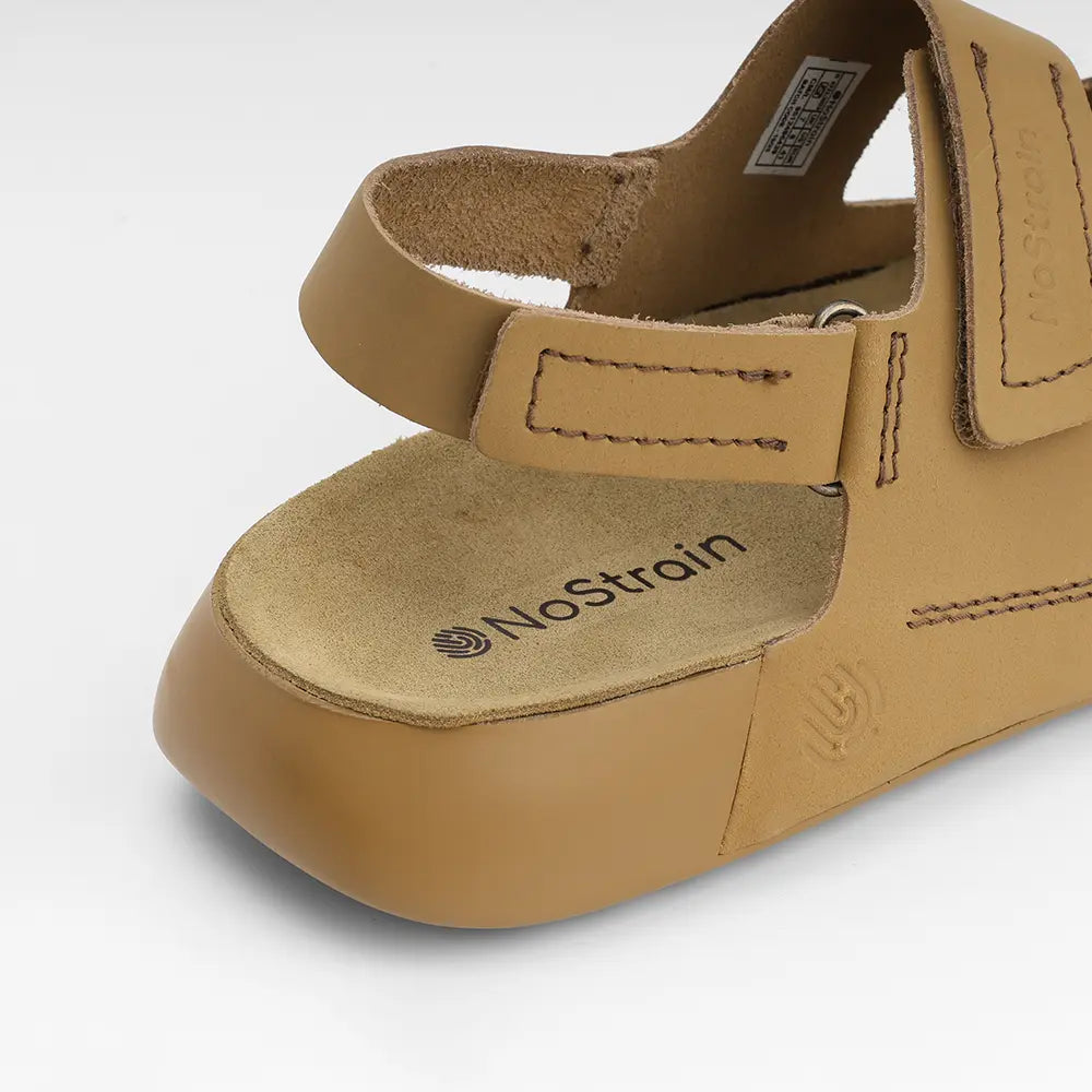 NoStrain ISI marked leather sandals for women in stylish camel color with back strap support.
