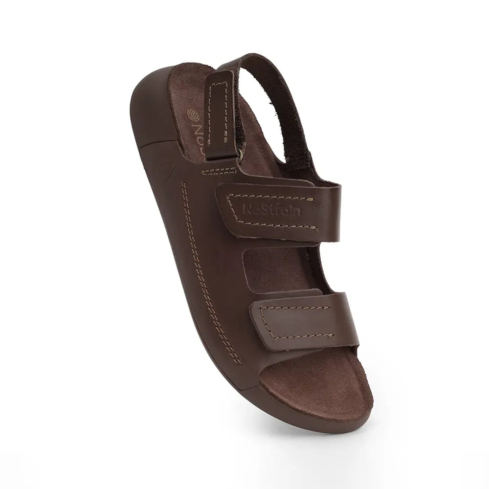 Premium quality brown leather sandals for women featuring easy hook and loop closures by NoStrain.