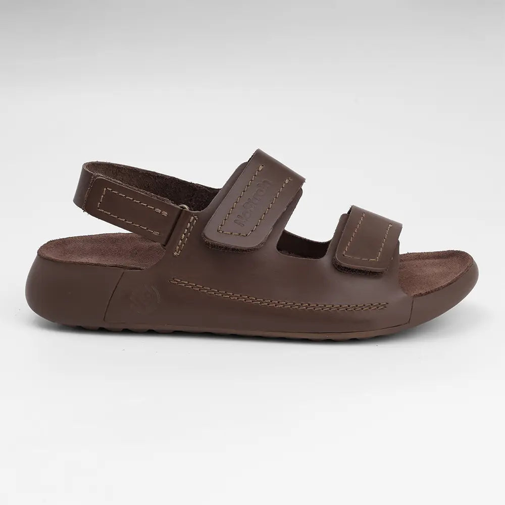 Comfortable open-toe brown leather sandals for women with front and back strap support from NoStrain.
