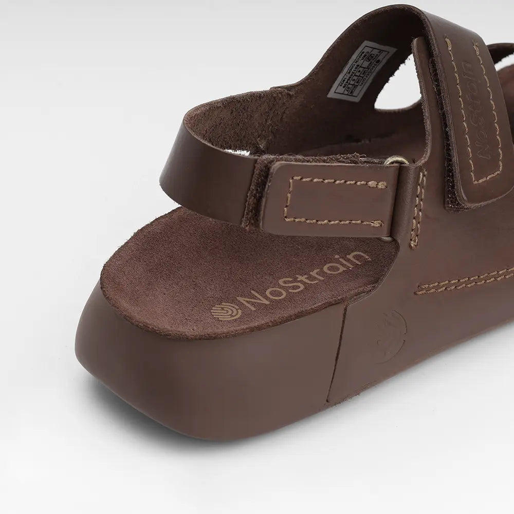 NoStrain women's everyday brown leather sandals with secure fastening and lightweight PU grip.