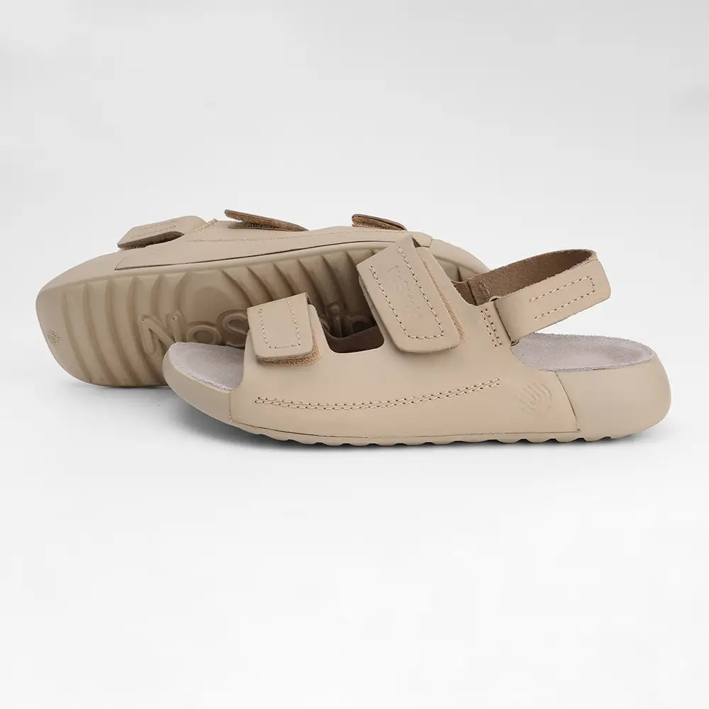 NoStrain premium quality women's sandals in beige leather with easy-to-use hook and loop closures.