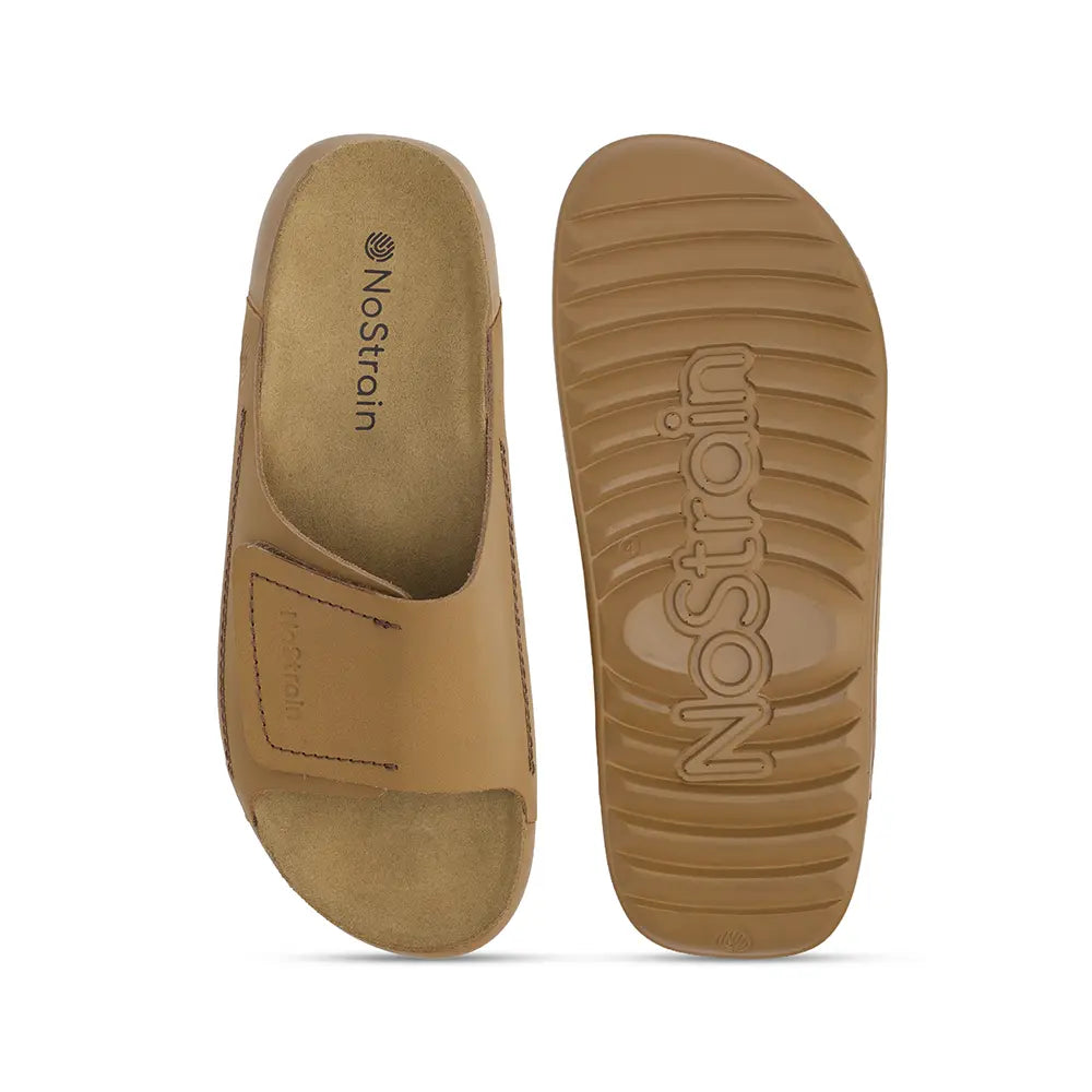 Broad Strap Leather Sliders for men in Camel color - LS09