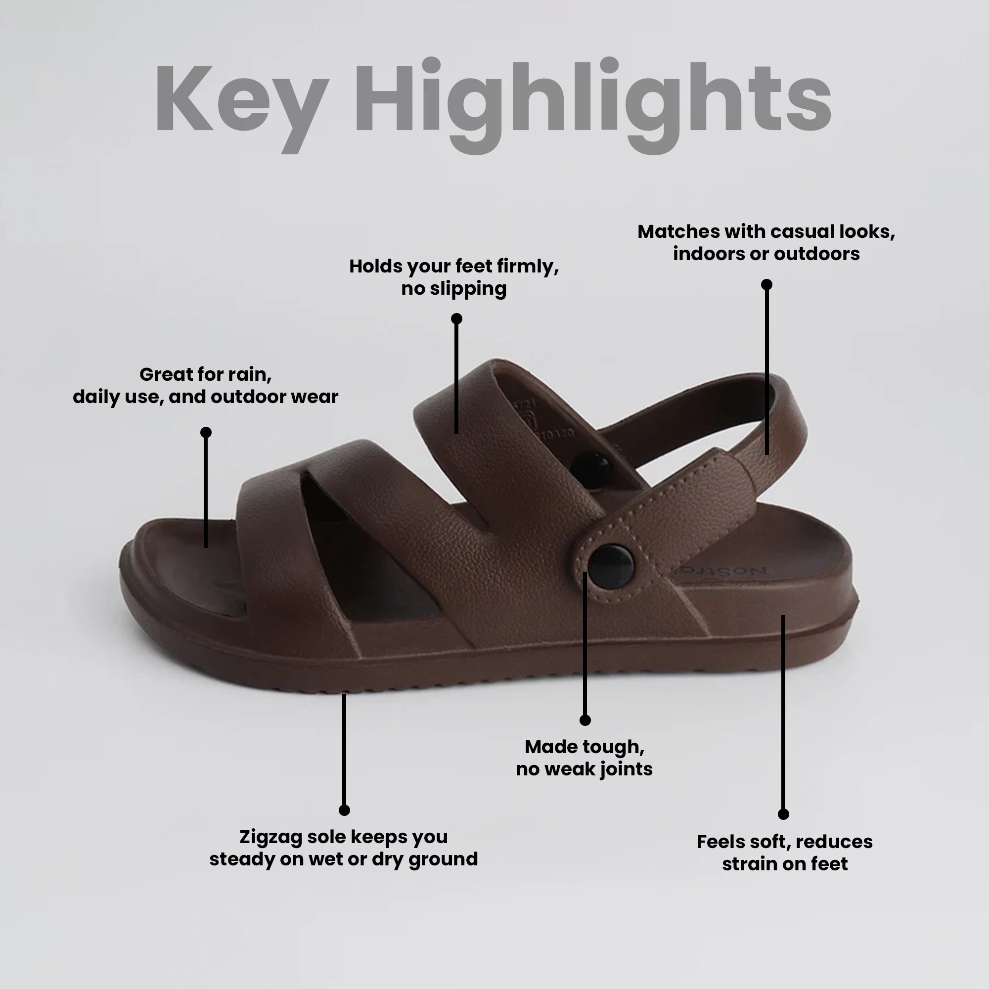 NoStrain Brown Zigzag Waterproof sandals for men with features