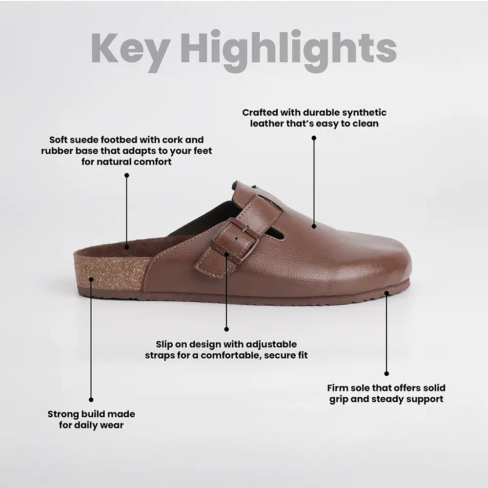 Brown cork half shoes for men with features highlighted for gents