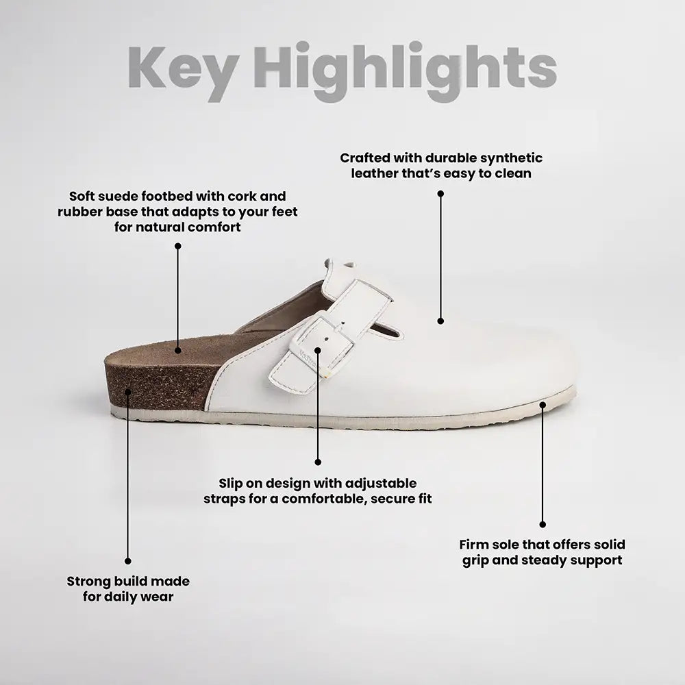 Men white mule cork sandals with key highlights