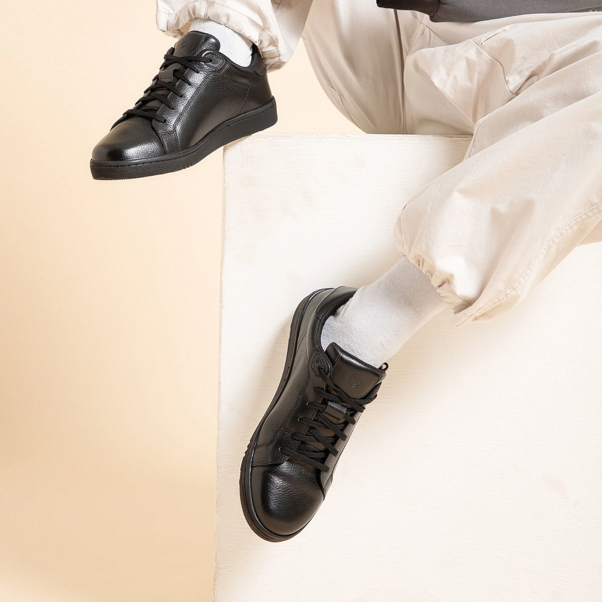 NoStrain NOIR Men All-Black Leather Sneakers | Formal-Lace-Up Shoes | Low-Top Genuine-Look Leather Sneakers | Black
