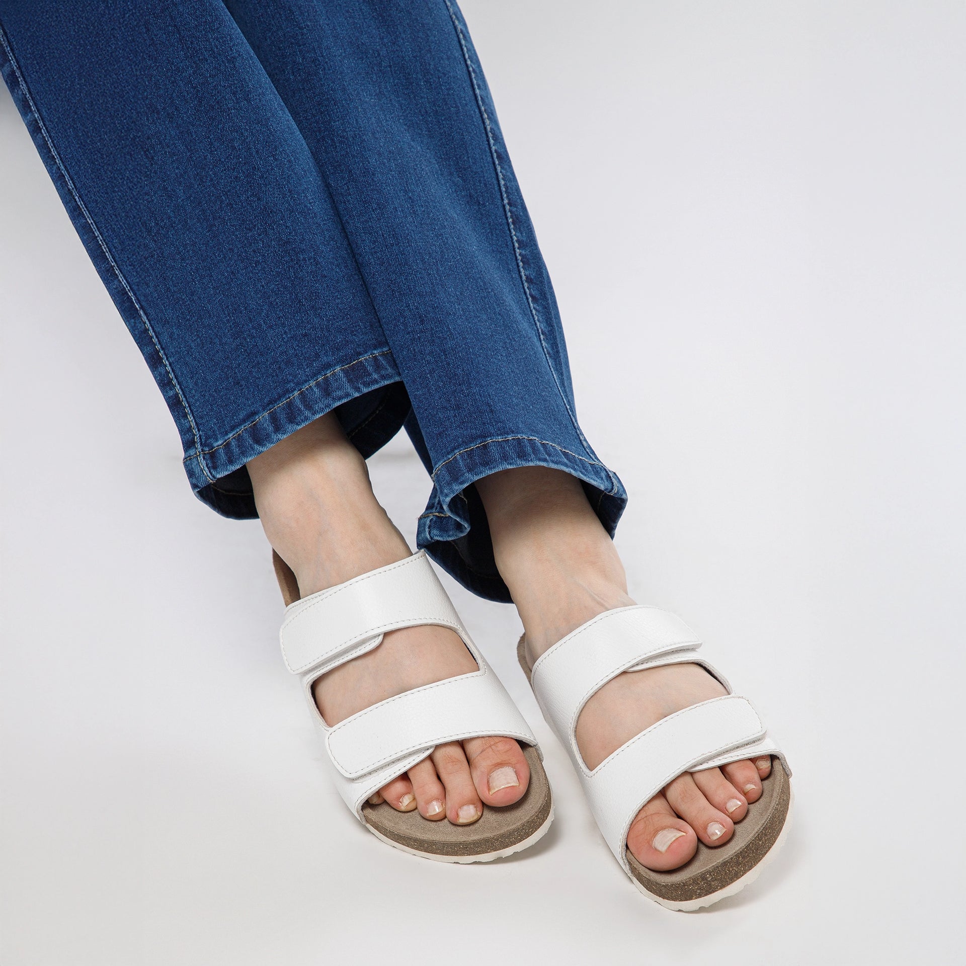 White Parallel Cork Leather Sandals for Women