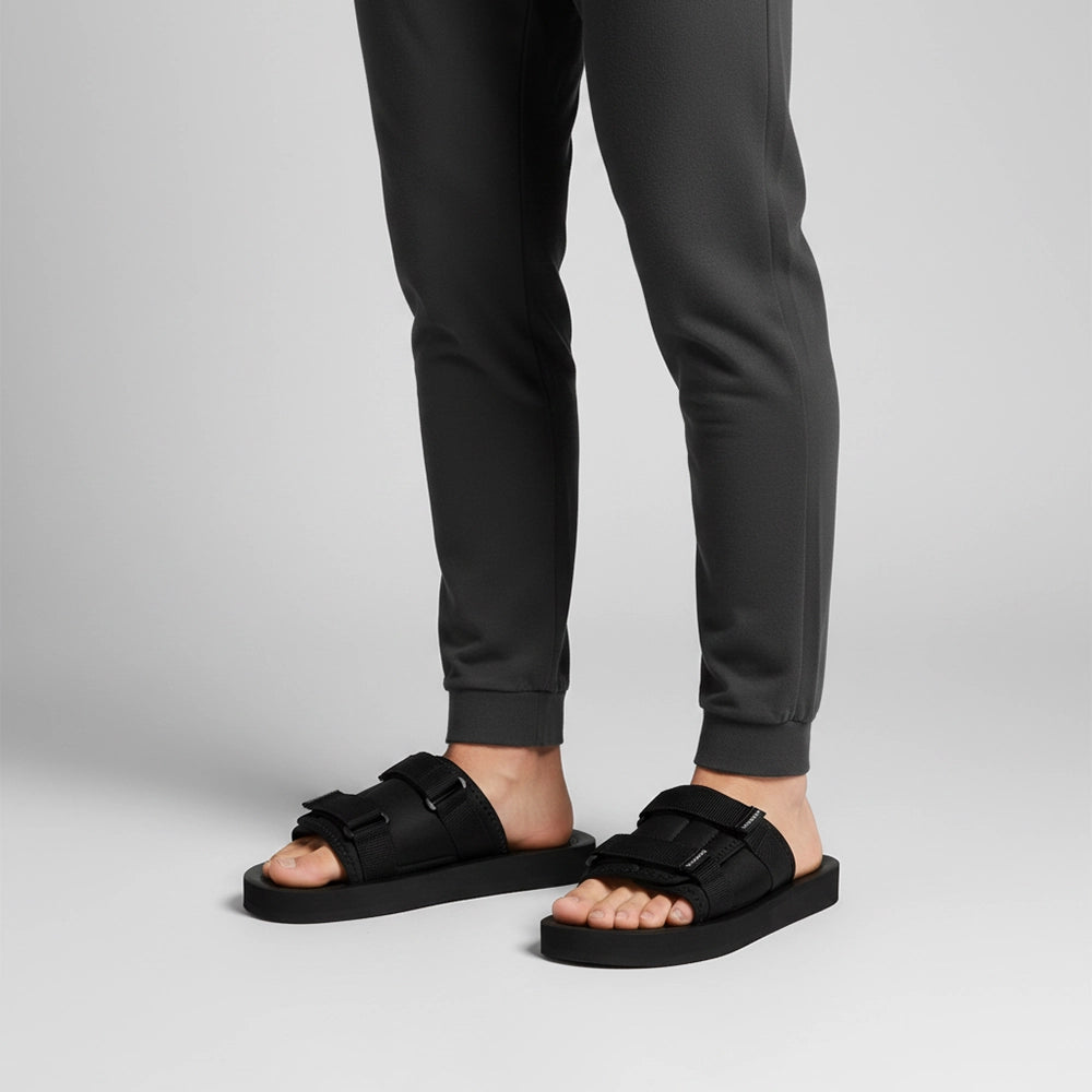 Comfortable sandals for wide feet by NoStrain featuring an adjustable woven upper.