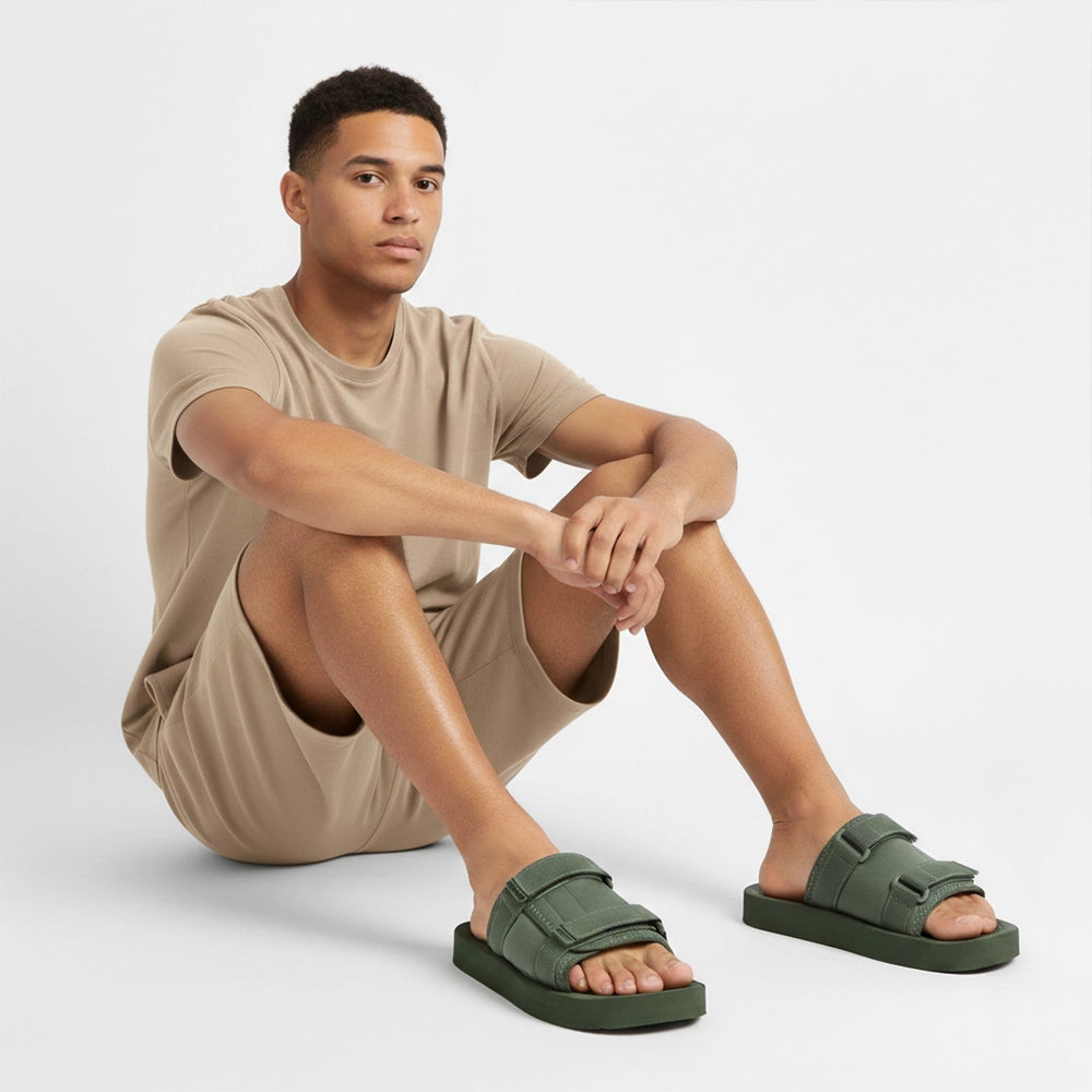 Men’s Olive Green Platform Sandals with Triple Hook & Loop Fit (PS7)