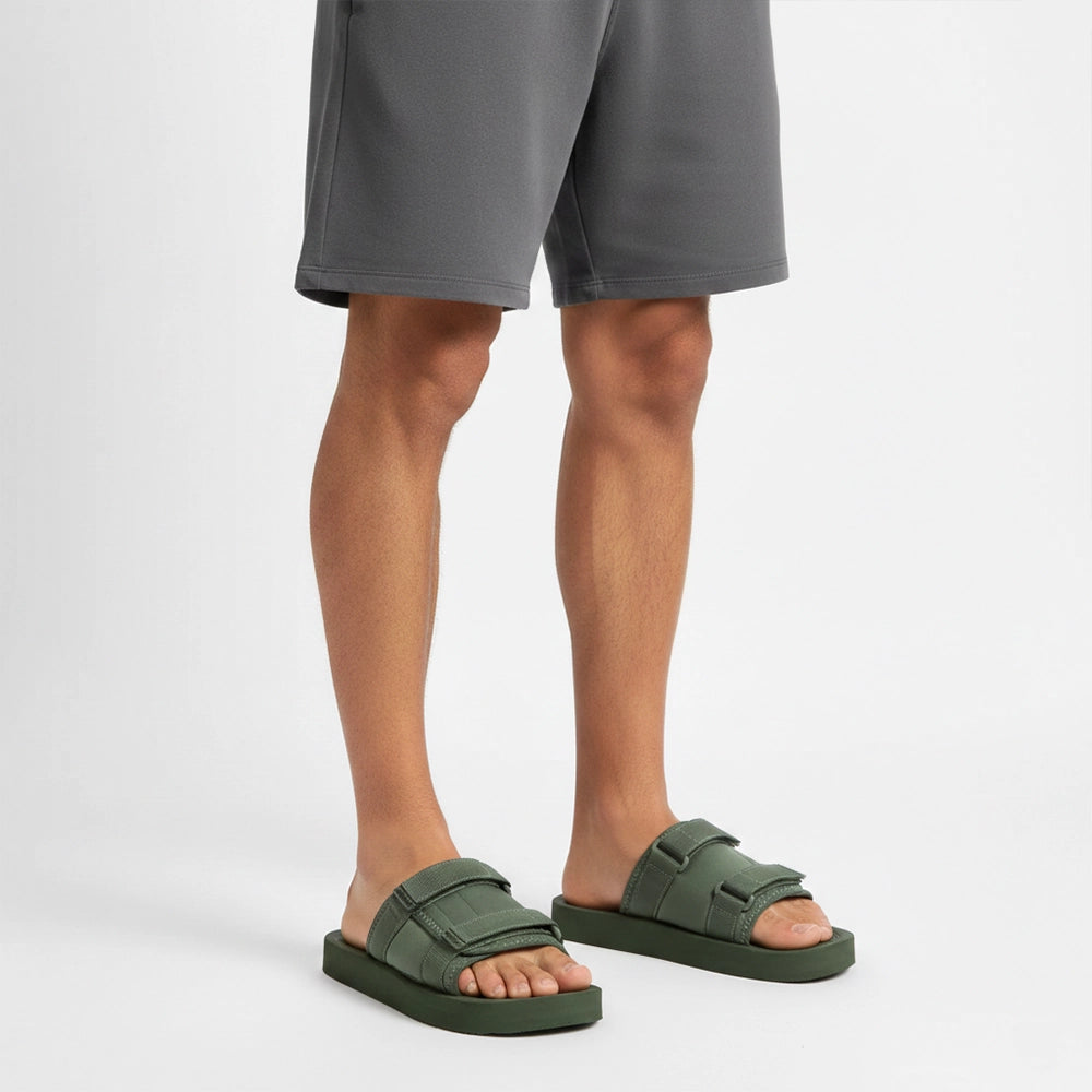 Men’s Olive Green Platform Sandals with Triple Hook & Loop Fit (PS7)