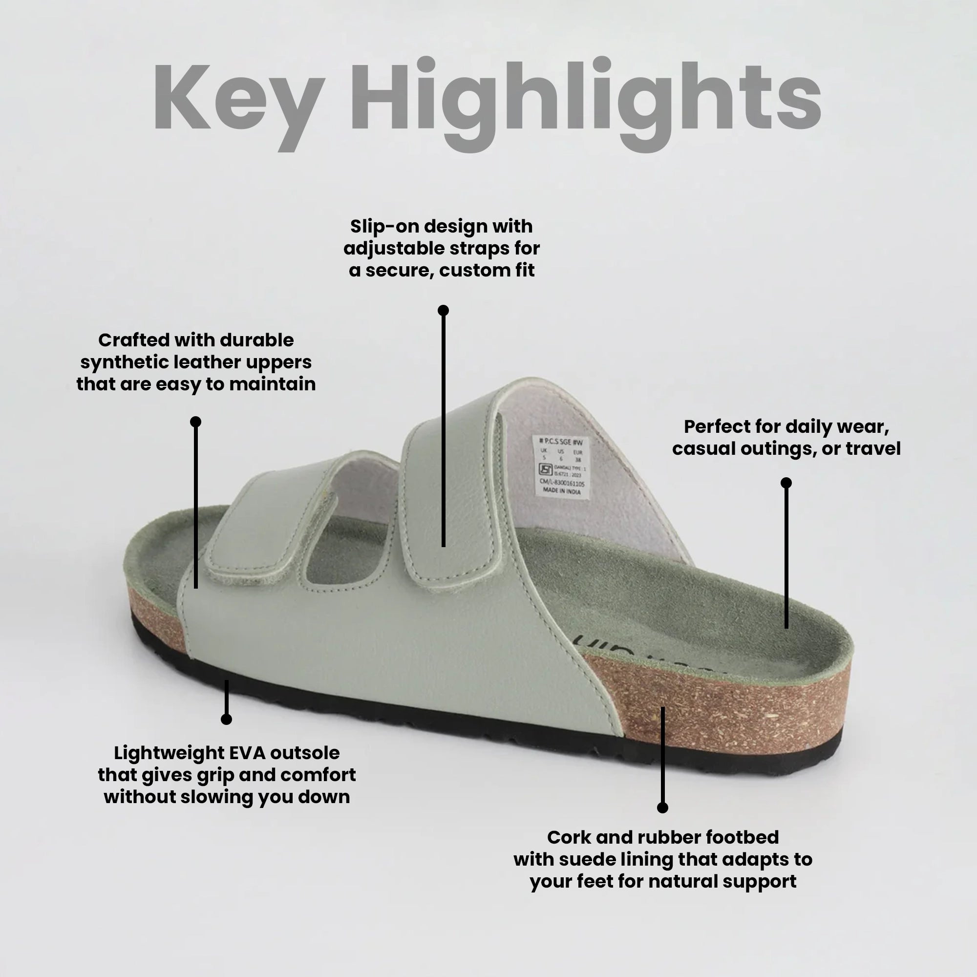 women Gray cork  sandals with features highlighted 