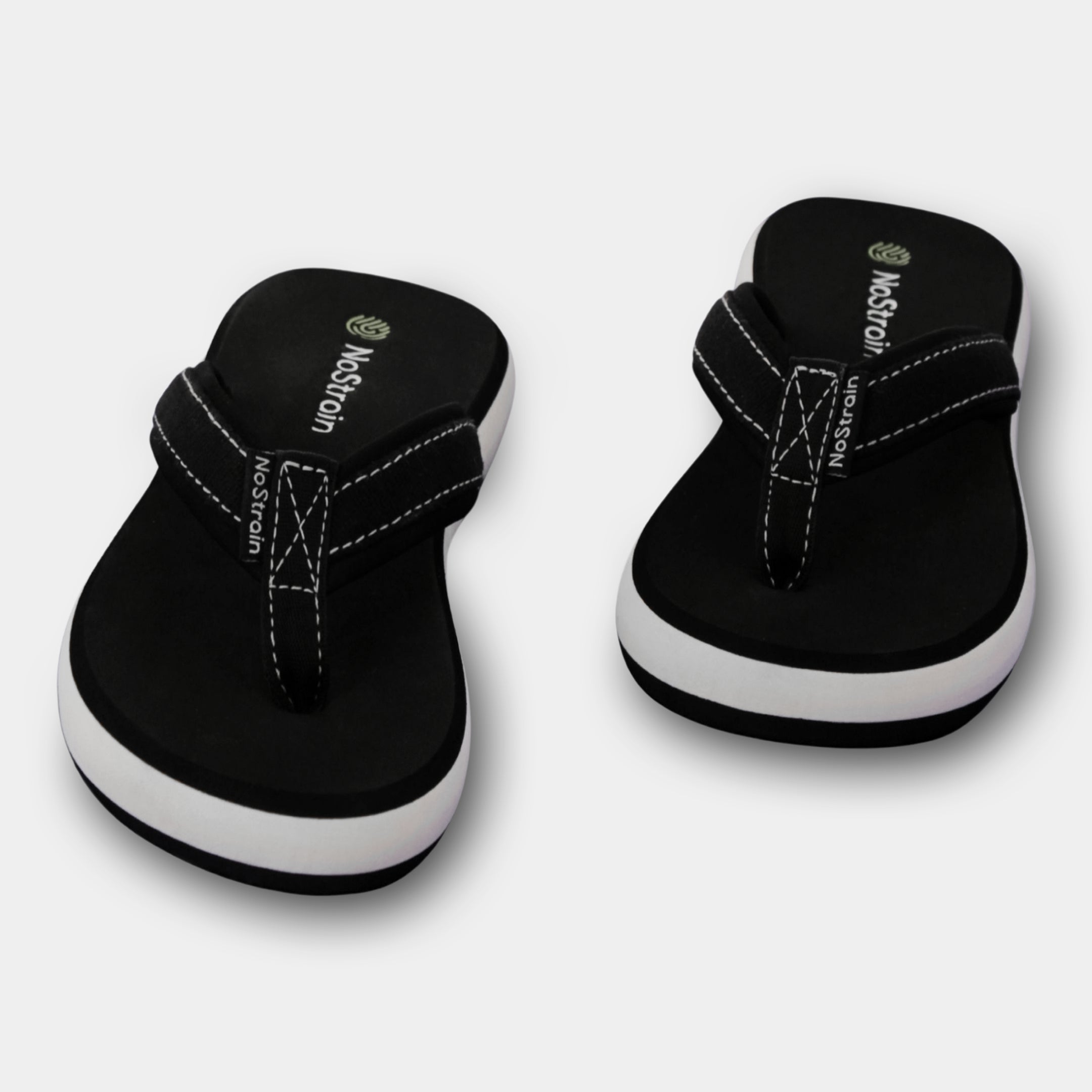 nostrain slippers with stitched straps