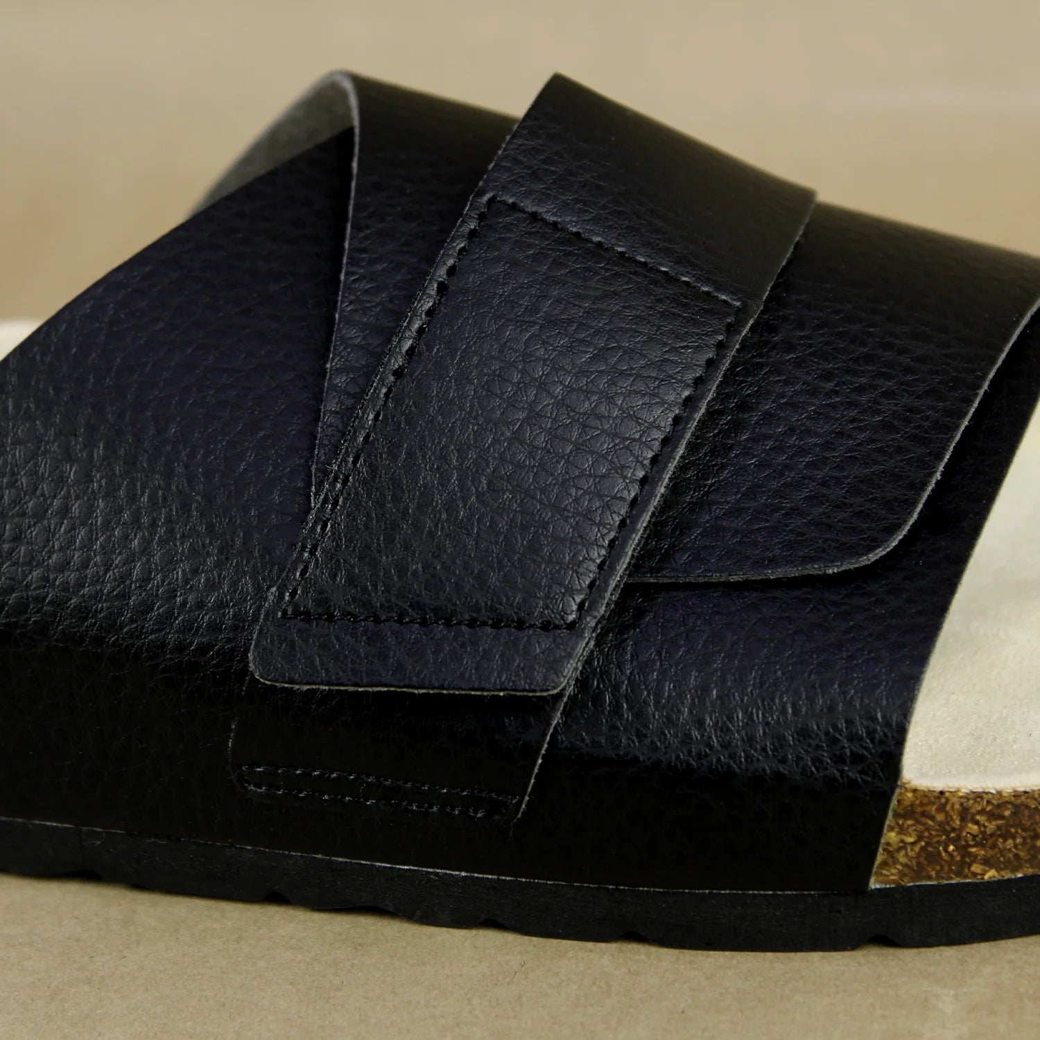 Men's black cork sandals with comfortable adjustable straps and cork footbed