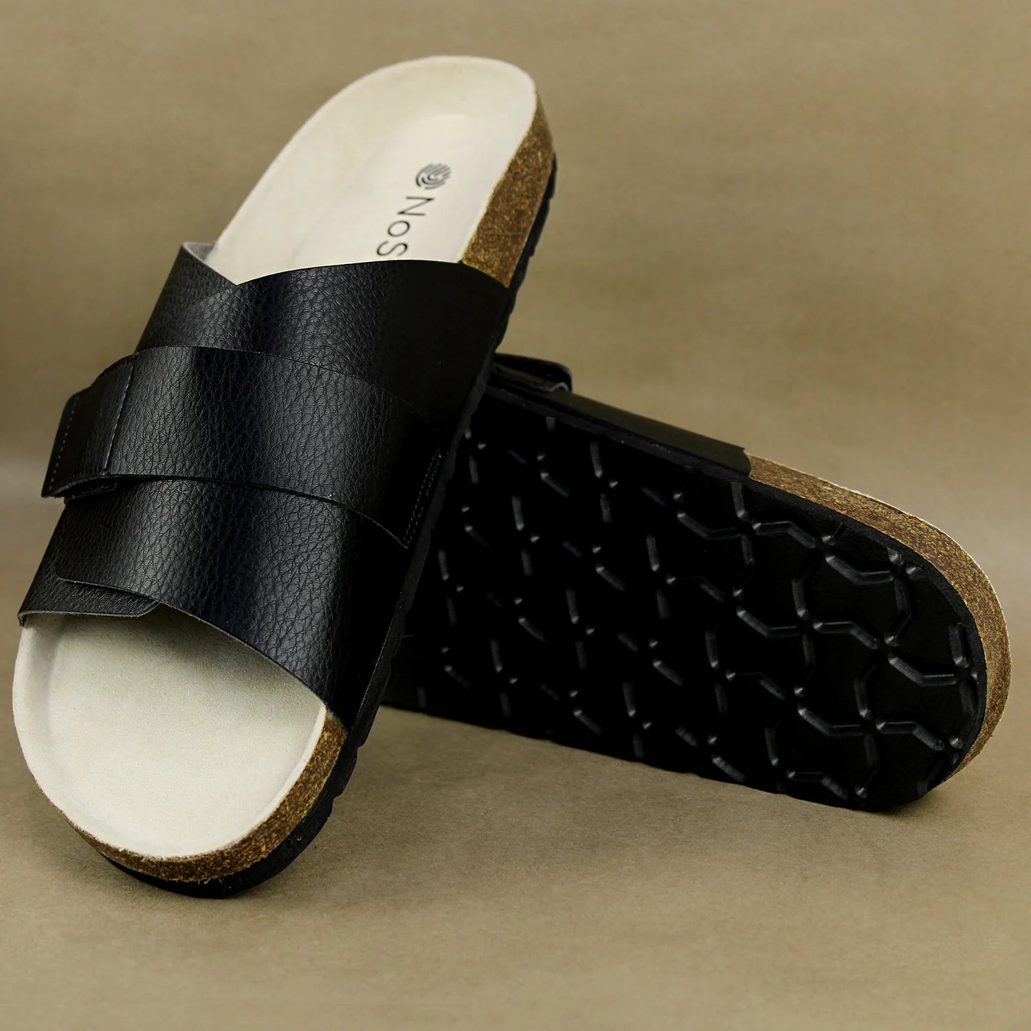 Stylish black men's cork sandals with adjustable vegan leather straps